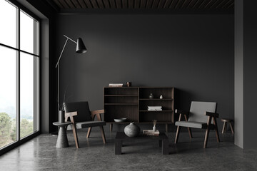 Black relaxing room interior with armchairs and decoration near window