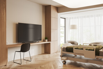 Modern hospital room interior with bed, tv and shelves with panoramic window