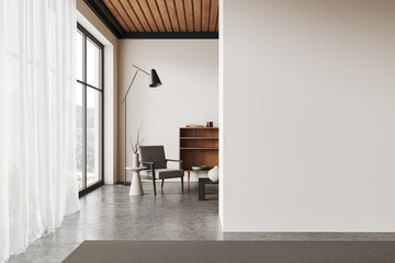 Light living room interior with armchairs and sideboard near window. Mockup wall