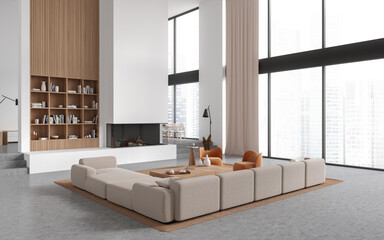 White and wooden living room corner with fireplace and sofa