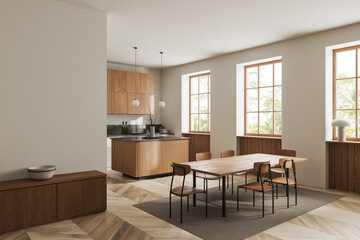 White and wooden kitchen corner with island and dining table