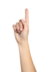 Woman hand pointing, touching, pressing or counting isolated on white background, with clipping path. Full Depth of field. Focus stacking.