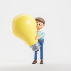 3d rendering. Cartoon man holding a big light bulb, idea and plan