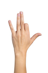 Woman hand shows symbol silhouette gesturing isolated on white background, with clipping path. Full Depth of field. Focus stacking. PNG