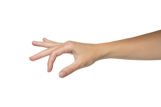 Woman hand is holding invisible item isolated on white background, with clipping path. Full Depth of field. PNG