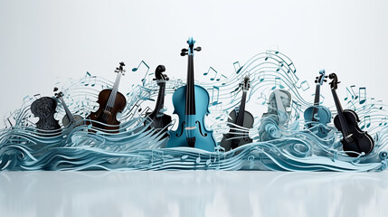 Music art poster. Notes, musical instruments, violins, birds fly in waves of music. Design for live concerts, festivals and music parties. Generative AI