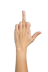 Woman hand shows provocative middle finger isolated on white background, with clipping path. Full Depth of field. Focus stacking. PNG
