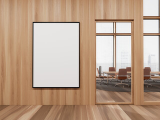 Wooden business room interior with meeting room with window. Mockup frame