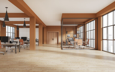 Orange office room interior with coworking and meeting zone, panoramic window