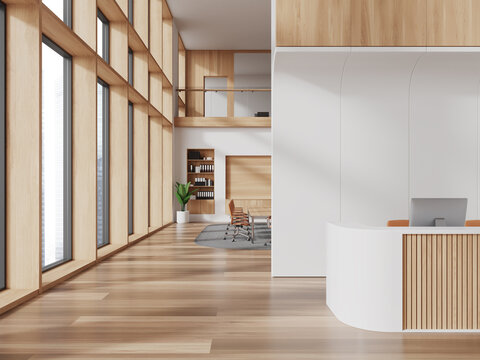 White and wooden office interior with reception
