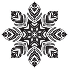 Ornate filigree mandala, circle mehndi ornament, psychedelic illustration, black line art on white background