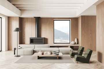 Fototapeta premium Wooden living room interior with couch and armchairs with coffee table, window