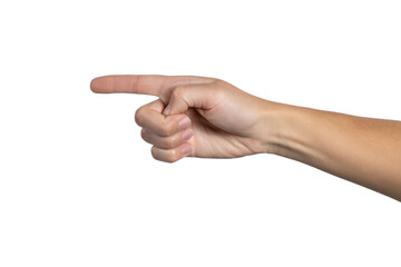 Woman hand shows hand gesture of a single pointing finger isolated on white background, with clipping path.  Five fingers. Full Depth of field. Focus stacking. PNG