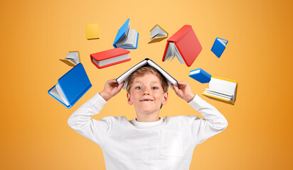 Kid with book on head on yellow background, learning and reading - obrazy, fototapety, plakaty