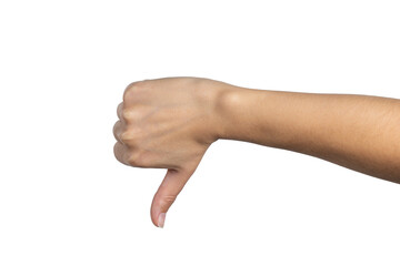 Woman hand shows thumbs down isolated on white background, with clipping path.  Five fingers. Full Depth of field. Focus stacking. PNG