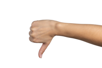 Woman hand shows thumbs down isolated on white background, with clipping path.  Five fingers. Full Depth of field. Focus stacking. PNG