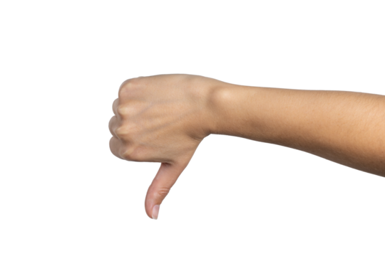 Woman hand shows thumbs down isolated on white background, with clipping path.  Five fingers. Full Depth of field. Focus stacking. PNG