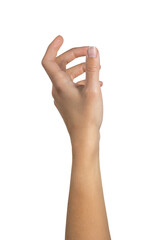 Woman hand holding grabbing or measuring something isolated on white background, with clipping path.  Five fingers. Full Depth of field. Focus stacking. PNG