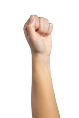 Woman hand shows wrong fist gesture isolated on white background, with clipping path.  Five fingers. Full Depth of field. Focus stacking. PNG