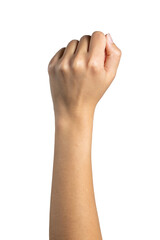 Woman hand shows wrong fist gesture isolated on white background, with clipping path.  Five...
