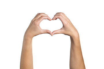Fototapeta premium Woman hand shows heart shape isolated on white background, with clipping path. Five fingers. Full Depth of field. Focus stacking. PNG