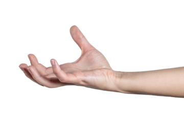 Woman hand shows open palm isolated on white background, with clipping path.  Five fingers. Full Depth of field. Focus stacking. PNG