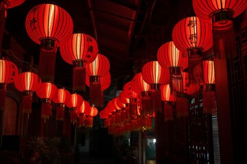 Row of red Chinese lanterns above from generative ai
