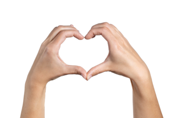 Woman hand shows heart shape isolated on white background, with clipping path.  Five fingers. Full Depth of field. Focus stacking. PNG