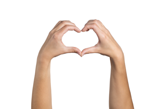 Woman hand shows heart shape isolated on white background, with clipping path.  Five fingers. Full Depth of field. Focus stacking. PNG