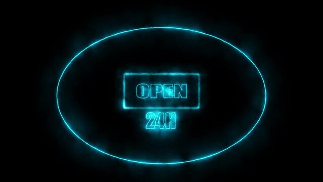 Neon Open Sign Animation Background, neon Text We Are Open Sing For Business, Hotel And Restaurant, Neon sign text animation Open 24 hours on black background.
