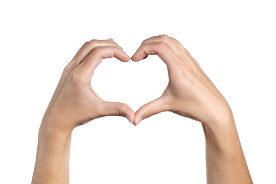 Woman hand shows heart shape isolated on white background, with clipping path.  Five fingers. Full Depth of field. Focus stacking. PNG