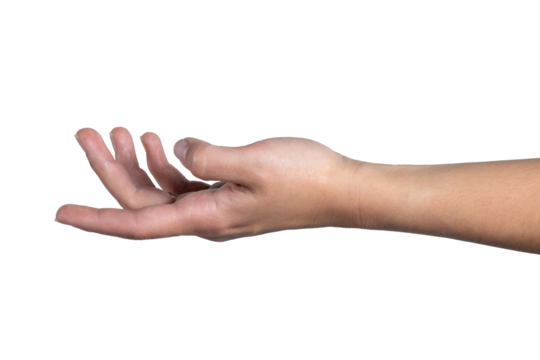 Woman hand shows open palm isolated on white background, with clipping path.  Five fingers. Full Depth of field. Focus stacking. PNG