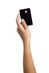 Woman hand holding credit card isolated over white background with clipping path. Full Depth of...