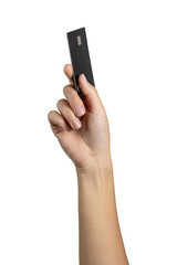 Woman hand holding credit card isolated over white background with clipping path. Full Depth of field. Focus stacking. PNG