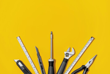 Flat lay composition with set of home repair tools on bright yellow background. Top view pattern with copy space.