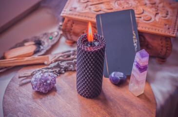 Untraditional method of mental healing. Altar, magical rite for plucking negative energy, cleaning aura, wicca concept	