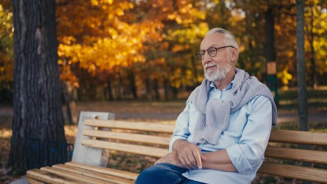 Senior man enjoying good weather on bench in public park, senior lifestyle