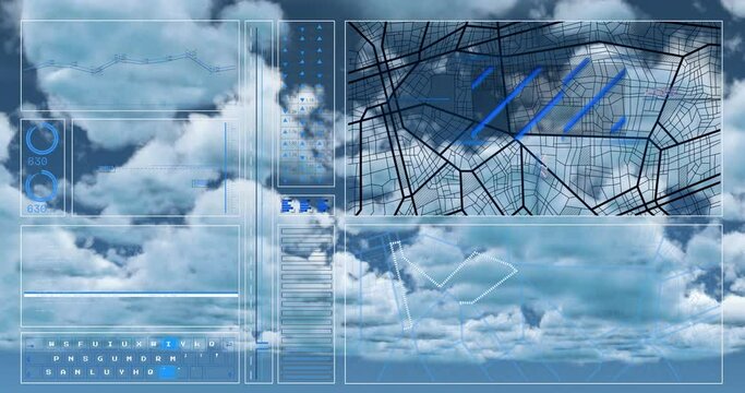 Animation of interface with data processing against clouds in the blue sky