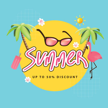 Summer sale promotion poster banner with summer tropical beach vibes background