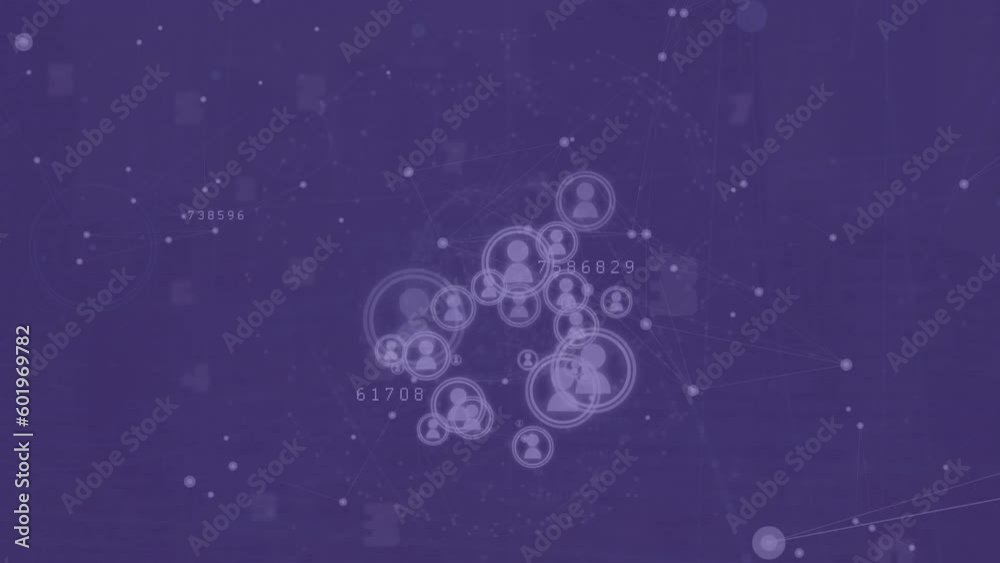 Poster animation of network of connection and profile icons floating against purple background