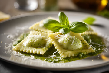 Ravioli with cheese filling and basil pesto on a dark background, closeup, generative AI.