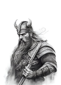 Viking god Odin Wotan in Art black drawn in Charcoal Ink and Pencil