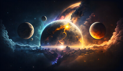 Obraz premium a group of planets in the sky with clouds, space art, sci-fi