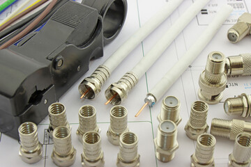Metal connectors for connecting a coaxial cable in the electrical diagram close-up