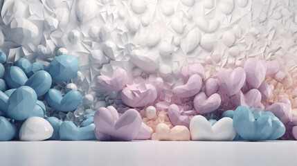 
Abstract 3D hearts in pastel hues on white. Dreamy, ethereal, playful. Ultra-realistic, 4K.