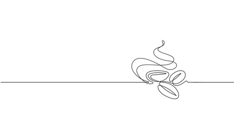 Vector illustration of the aromatic coffee beans. Line art with steam and coffee seeds.
