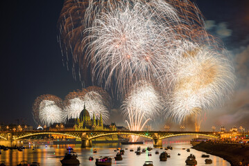 Fireworks in Budapest over Margaret bridge and Parliament