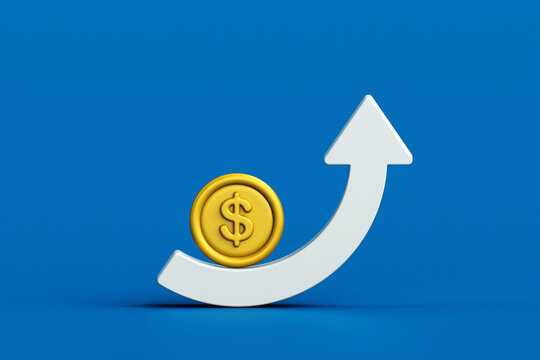White curved arrow with money rising trend Interest percentage increase, deposit. Money and financial growth concept, Business strategy planning, 3d rendering