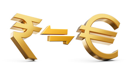 3d Golden Rupee And Euro Symbol Icons With Money Exchange Arrows On White Background 3d illustration