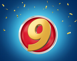 Gold Number 9 Gold Number Nine On Rounded Red Icon with Particles On Blue Background 3d illustration